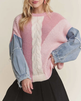 Frayed Denim Sleeve Pink Sweater Top