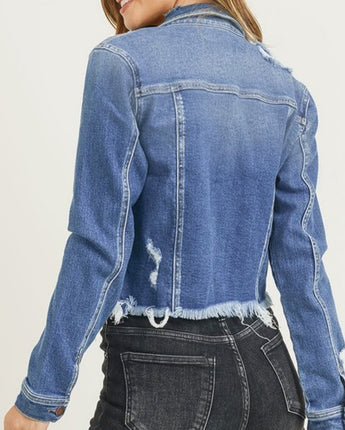 Distressed Vintage Frayed Hem Denim Jacket