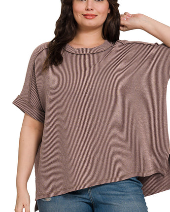 Mocha Ribbed Cuff Sleeve Top Plus