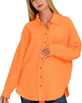 Oversized Button Down Raw Edge Shirt