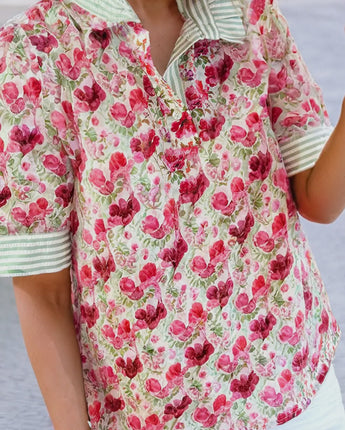 Floral Print Striped Patchwork Top