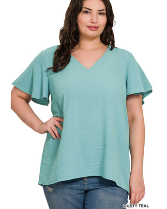 Curvy Dusty Teal Flutter Sleeve Blouse