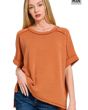 Burnt Orange Ribbed Cuff Sleeve Top Plus