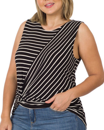 Striped Knot-Front Sleeveless Top Plus