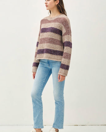 Chunky Crochet Knit Striped Sweater with Drop Shoulder