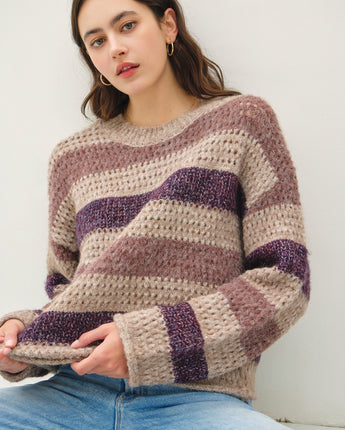 Chunky Crochet Knit Striped Sweater with Drop Shoulder