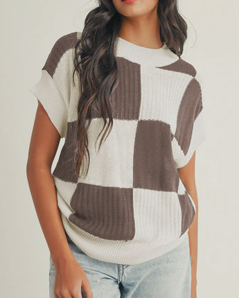 Checkered Short Sleeve Sweater