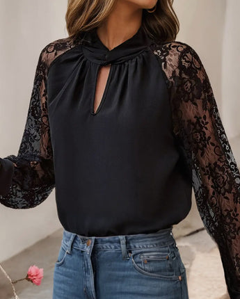 Keyhole Neckline Floral Lace Sleeve Blouse