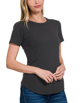 Ribbed Curved Hem Round Neck Tee