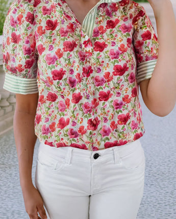 Floral Print Striped Patchwork Top