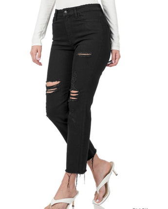 Black Distressed Crop Denim Pants