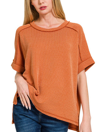 Burnt Orange Ribbed Cuff Sleeve Top