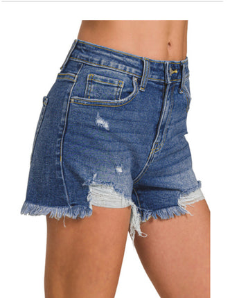 Distressed Hem Dark Wash Denim Shorts