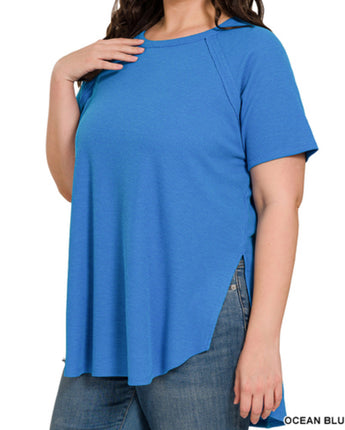 Curvy Ocean Blue Waffle Short Sleeve Top