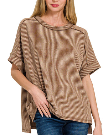 Mocha Ribbed Cuff Sleeve Top