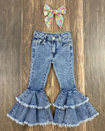 Frayed Double Bell Bottom Kids Jeans