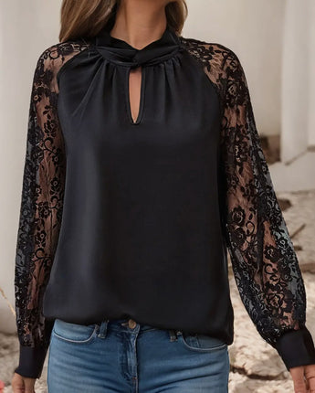 Keyhole Neckline Floral Lace Sleeve Blouse