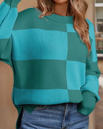 Checkered Side Slit Oversized Sweater