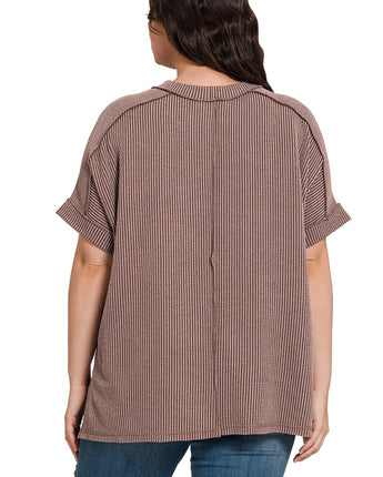 Mocha Ribbed Cuff Sleeve Top Plus