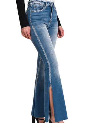 Frayed Edge Waist Flare Denim w/ Side Slits