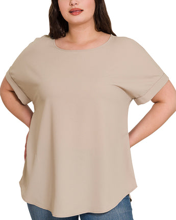 Curvy Short Sleeve Woven Blouse Light Mocha