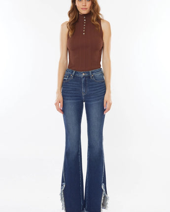 Kan Can Fraya High Rise Boot Cut Frayed Hem Side Slit Jeans