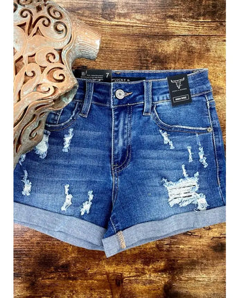 Girls Dark Wash Distressed Shorts