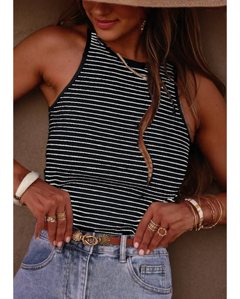 Black Striped Rib Knit Tank Top