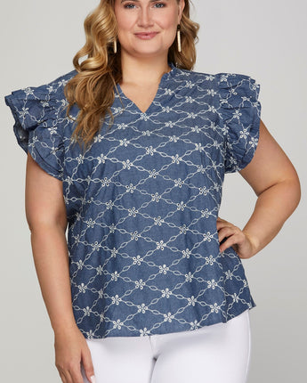 Ruffle Sleeve Embroidered Top