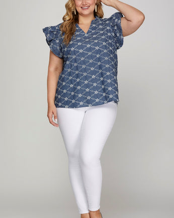 Ruffle Sleeve Embroidered Top