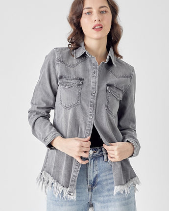 Grey Frayed Hem Denim Shirt
