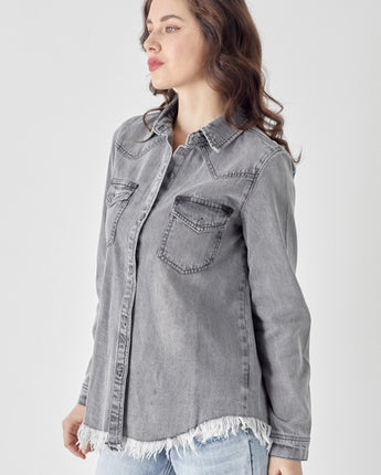 Grey Frayed Hem Denim Shirt