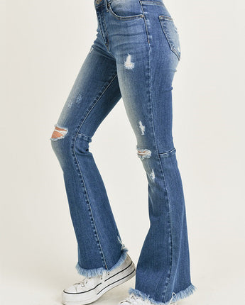 Risen Jeans High Rise Distressed Frayed Flare Hem Jeans