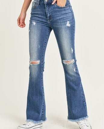 Risen Jeans High Rise Distressed Frayed Flare Hem Jeans