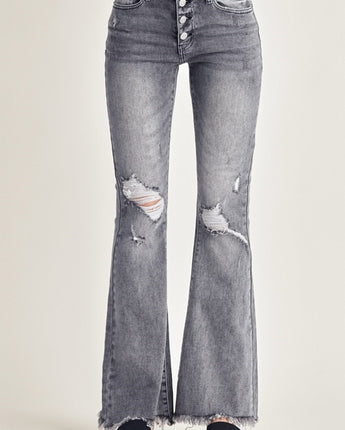 Risen Jeans Distressed Button Fly Flare Jeans