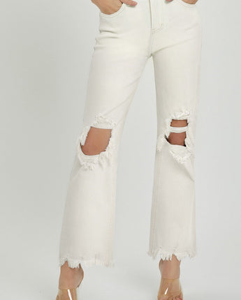 Risen Jeans High Rise Knee Distressed Pants Cream