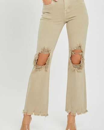 Risen Jeans High Rise Knee Distressed Pants w/ Fray Hem Sand