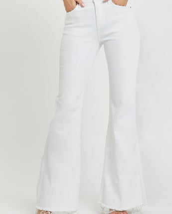 Risen Jeans Mid Rise White Flare with Frayed Hem