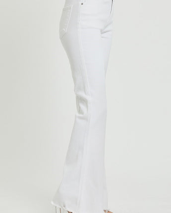 Risen Jeans Mid Rise White Flare with Frayed Hem