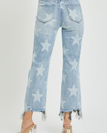 Risen High Rise Crop Straight Star Print Jeans