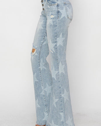 Risen Mid-Rise Flare Star Print Button Down Jeans