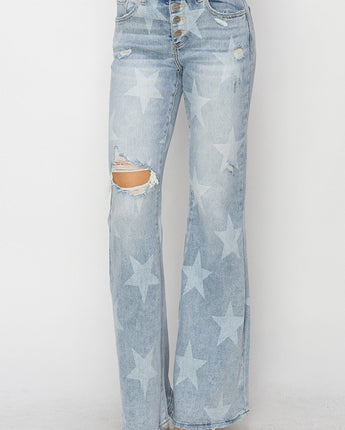 Risen Mid-Rise Flare Star Print Button Down Jeans