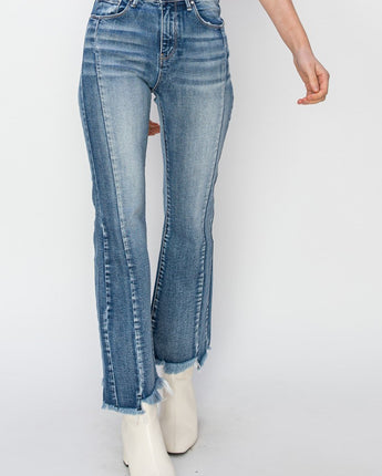 Risen High Rise Crop Flare Seam Detail Uneven Fray Hem Jeans Plus