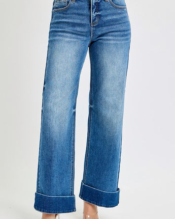 Risen Tummy Control Wide Leg Cuffed Jeans