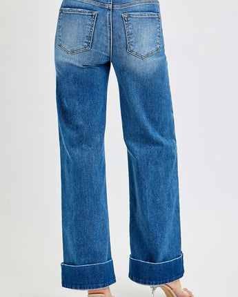 Risen Tummy Control Wide Leg Cuffed Jeans