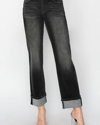 Risen High Rise Straight Turn Up Cuff Black Jeans