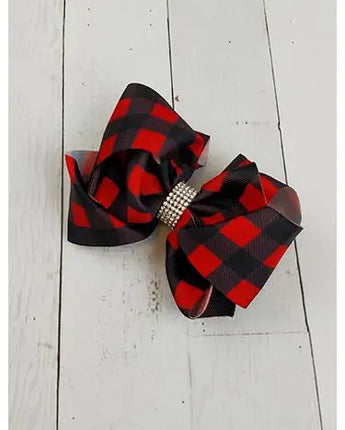 Red Buffalo Plaid Rhinestone Hair Bow