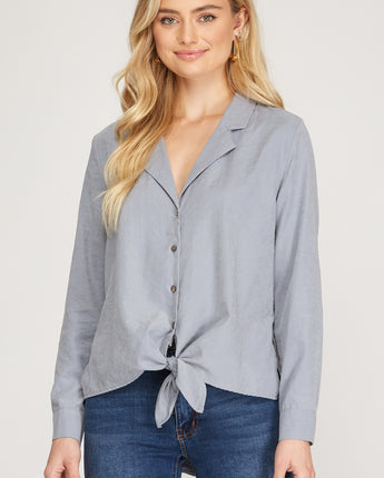 Long Sleeve Button Down Front Tie Shirt