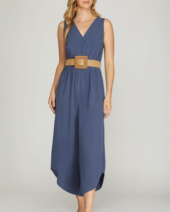 Sleeveless Woven Jumpsuit with Belt