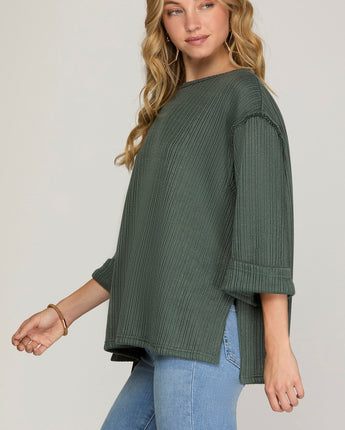 3/4 Sleeve Folded Sleeve Knit Top